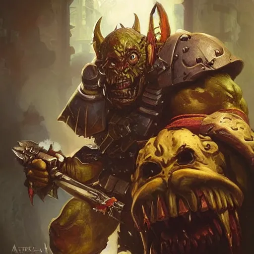 Prompt: wow! fanart, ork from warhammer 4 0 k with, d & d, high fantasy, detailed, digital art, artstation, smooth, sharp focus, art by artgerm, greg rutkowski, alphonse mucha