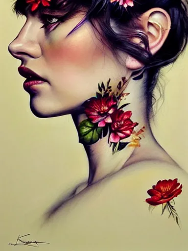 Image similar to portrait of lyndsey scott with a floral background : : painted by artgerm, karol bak, artur bordalo, sandra chevrier : : portrait, character, illustration, hyperrealism, photorealism