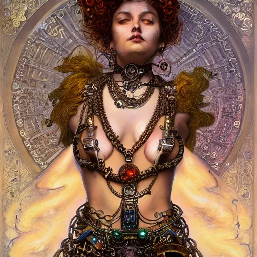 Prompt: A steampunk beautiful goddess, she is wavy, she is embellished with gears wheels and gemstones, by William Holman Hunt, Greg Rutkowski, Stanely Artgerm, Tooth Wu, Peter Gric, Aaron Horkey, trending on Artstation, digital art, mythological, symmetrical artwork, cinematic lighting, hyper realism, high detail, octane render, ultra realistic, golden ratio, 4k, 8k