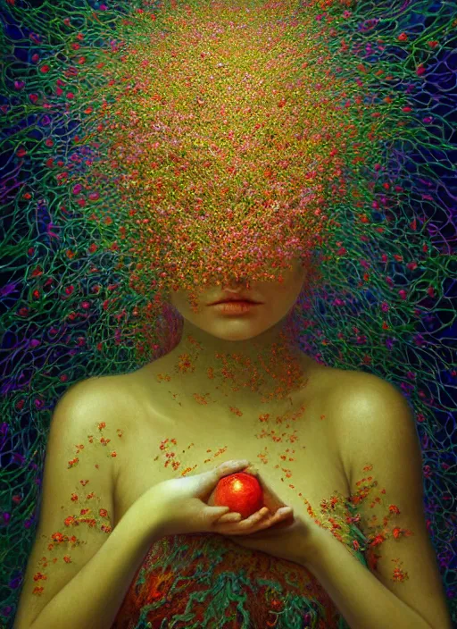 Image similar to hyper detailed 3d render like a Oil painting - Aurora (Singer) Eats of the Strangling Fruit of penance and Her Hands full of gossamer polyp blossoms bring iridescent fungal flowers whose spores black the foolish stars by Jacek Yerka, Mariusz Lewandowski, Houdini algorithmic generative render, Abstract brush strokes, Masterpiece, Edward Hopper and James Gilleard, Zdzislaw Beksinski, Mark Ryden, Wolfgang Lettl, hints of Yayoi Kasuma, octane render, 8k