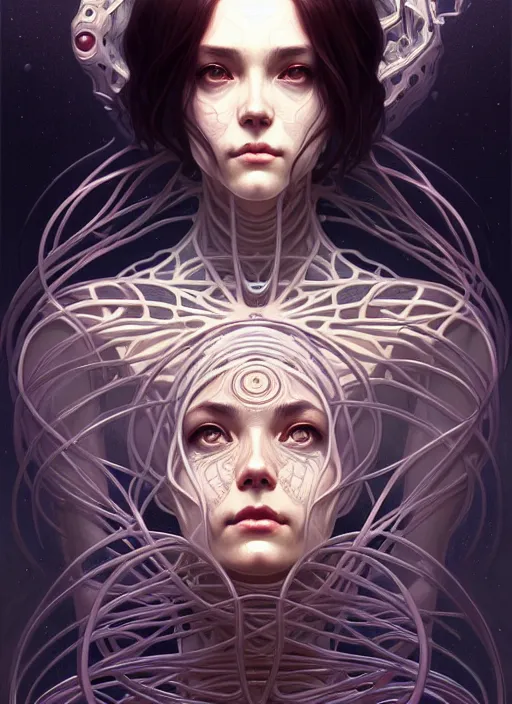 Image similar to symmetry!! portrait of female, cosmic horror, lovecraftian horror, intricate, horror!! highly detailed, digital painting, artstation, concept art, smooth, sharp focus, illustration, art by artgerm and greg rutkowski and alphonse mucha and junji ito, 8 k