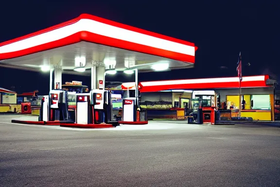 Prompt: a gas station at night