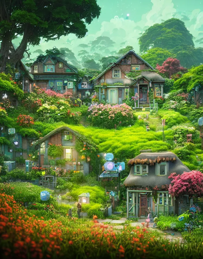 Prompt: flowery cottage, solarpunk, green technology, optimist future by Asher Durand. green fields, intricate artwork by Tooth Wu and wlop and beeple and dan mumford and greg rutkowski and nekroxiii. halo. octane render, cinematic, hyper realism, octane render, 8k, depth of field, bokeh. iridescent accents. vibrant. STUDIO GHIBLI