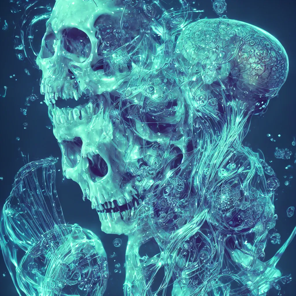 Image similar to close-up portrait goddess skull, thorax, x-ray, backbone, jellyfish phoenix head, nautilus, orchid, betta fish, bioluminiscent creatures, dark deep complex air bubbles in background, intricate artwork by Tooth Wu and wlop and beeple. octane render, trending on artstation, greg rutkowski very coherent symmetrical artwork. cinematic, black and white, contrasted, hyper realism, high detail, octane render, 8k