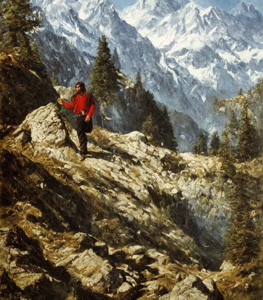 Image similar to Che Guevara wandering aimless arround in the austrian alps. Detailed oil painting by Franz Defregger.