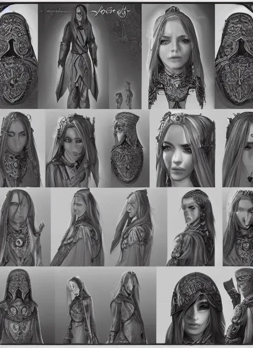 Image similar to full body concept art sheet, photorealistic symmetrical beautiful teenage face, symmetric eyes, female priestess with shiny hair wearing full intricate clothing, temple, godray, intricate, cg society, Elden Ring, darksouls, bloodborne