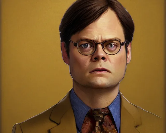 Prompt: close up of dwight schrute wearing a brown suit, mustard yellow dress shirt and necktie, focus, d & d, intricate, elegant, highly detailed, digital painting, artstation, concept art, matte, sharp focus, illustration, hearthstone, art by artgerm and greg rutkowski and alphonse mucha