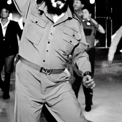 Image similar to A still of Fidel Castro wearing a disco suit in Saturday Night Fever