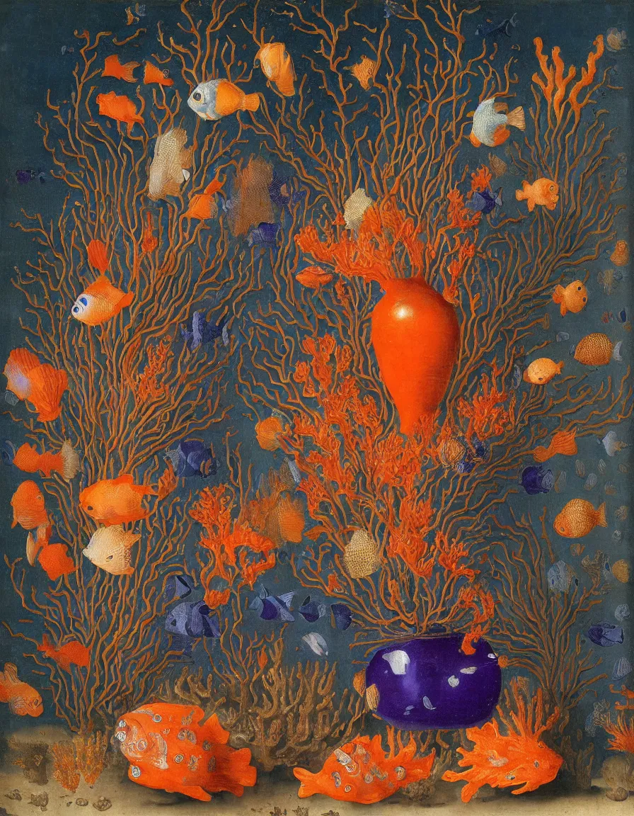 Image similar to bottle vase of coral under the sea decorated with a dense field of stylized scrolls that have opaque outlines enclosing mottled blue washes, with orange shells and purple fishes, ambrosius bosschaert the elder, oil on canvas