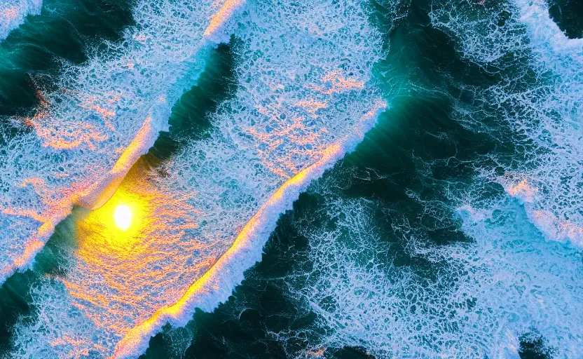 Image similar to top view on ocean waves at sunset, global illumination, highly detailed, 8 k