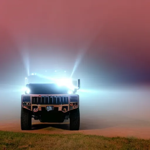Prompt: hummer truck on a stage with laser rays surrounded by fog.