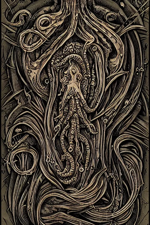 Image similar to ancient eldritch horror cthulhu, concept art, digital art, tarot card, highly detailed, ornate border