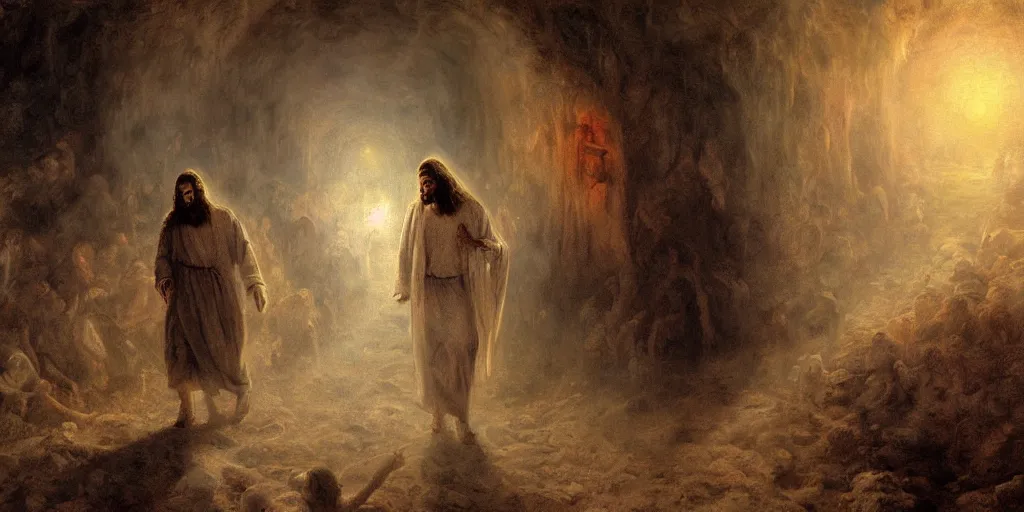 Prompt: Jesus Christ, walking through hell, a fantasy digital Painting, by ADOLPH VON MENZEL