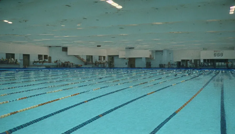 Prompt: 60s movie still of a sovietic stalinist style empty Olympic swimming poil with tiles, cinestill 800t 50mm eastmancolor, liminal Space style, heavy grain-s 150