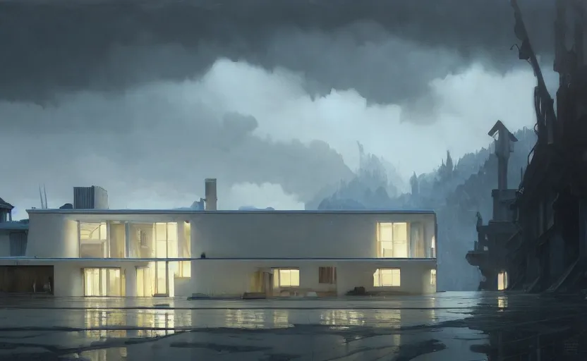 Prompt: painting of a wide angle exterior shot of a white modern architecture with cinematic lighting by peter zumthor, darek zabrocki and greg ruthkowski, alphonse mucha, simon stalenhag and cinematic and blue cold atmospheric, archillect concept art, artstation, trending on artstation
