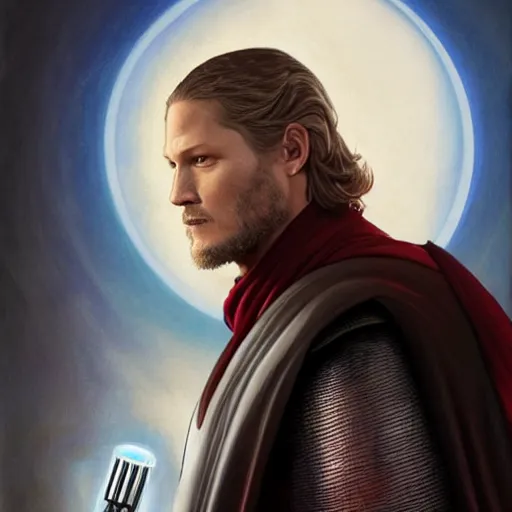 Prompt: Portrait of Travis Fimmel as a sith lord from star wars, full length shot, shining, 8k highly detailed, sharp focus, illustration, art by artgerm, mucha, bouguereau