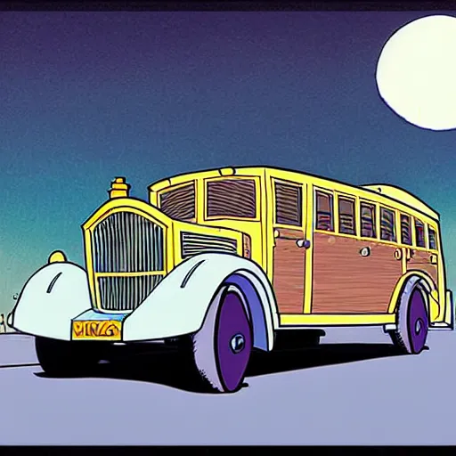 Prompt: a study of cell shaded cartoon limousine from howl's moving castle ( 2 0 0 4 ) on the streets of nyc, in front of a big moon, full body, wide shot, very muted colors, post grunge, studio ghibli, laurie greasley, highly detailed, deviantart, art by artgem