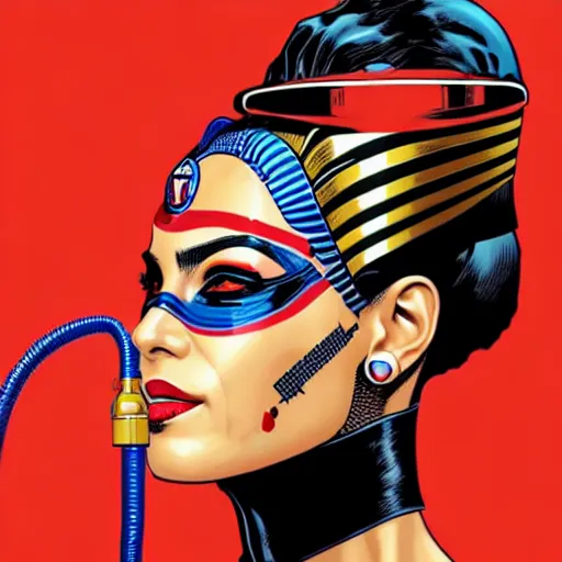 Image similar to a profile photo of a egyptian woman with a diving oxygen mask with side profile blood in ocean intricate details by MARVEL comics and Sandra Chevrier-C