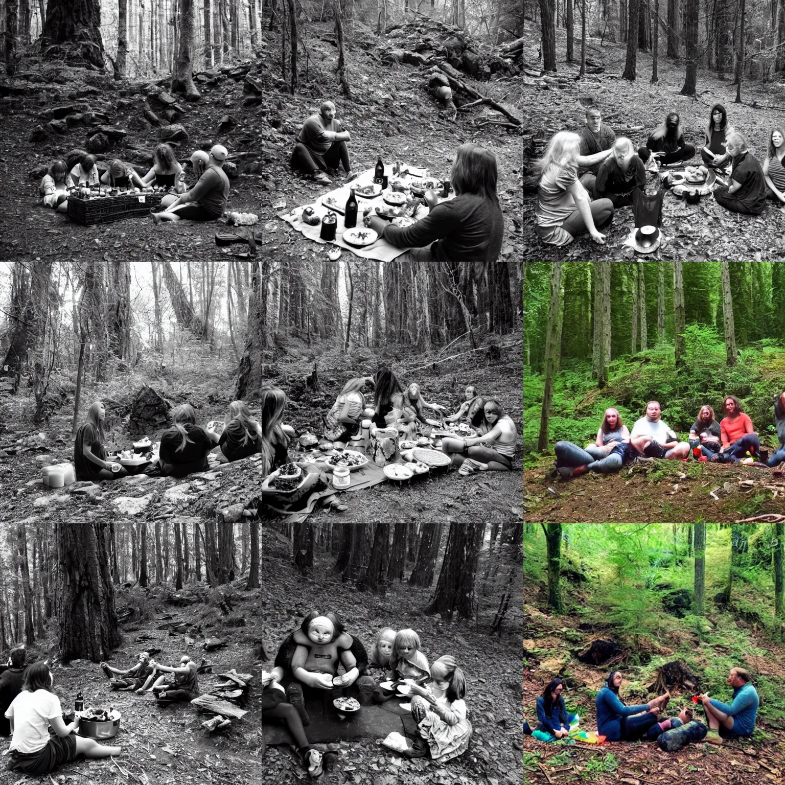 Prompt: large mountain trolls eating picnic in forest, flash photograph, black and white, blair witch project, creepy, scary