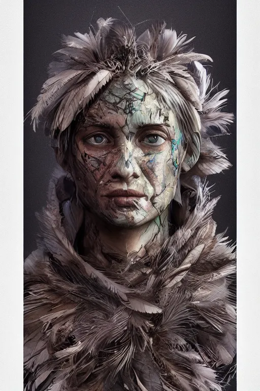 Image similar to Face made of feathers. Сoncept art, Dan Mumford, Greg Rutkowski, Quixel Megascans, octane render, 16k, 8k, photoillustration, RTX