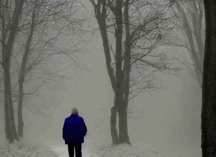 Image similar to a 3 5 mm photo from the back of a senior citizen walking in the misty snowy woods, splash art, movie still, bokeh, canon 5 0 mm, cinematic lighting, dramatic, film, photography, cold blue light, depth of field, award - winning, anamorphic lens flare, 8 k, hyper detailed, 3 5 mm film grain