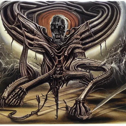 Image similar to painting by h. r. giger, fantasy demon rising from the ashes like a phoenix, metal album cover, punk, skeletal remains, condemned to misery, terminate, metal