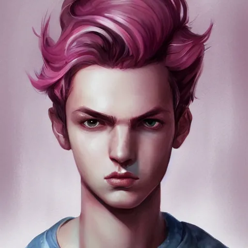 Prompt: teen boy, pink hair, pink eyes, elegant, georgeus, bust portrait, watercolor, high detalied, digital art, artstation, by charlie bowater