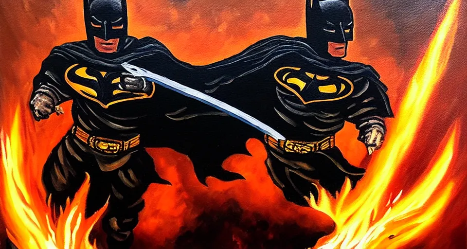 Prompt: An oil painting of a dark knight wielding a flaming sword