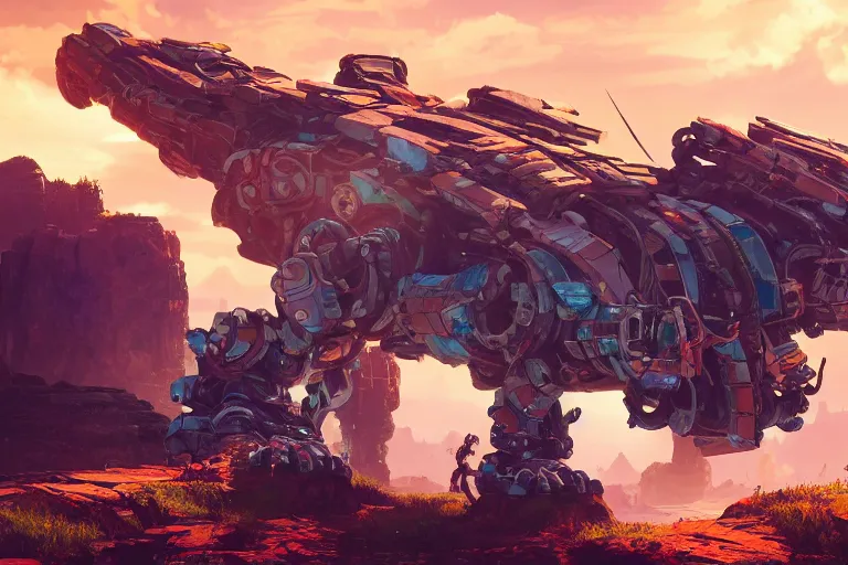 Image similar to rockbreaker machine mecanical creature robot of horizon forbidden west horizon zero dawn radiating a glowing aura global illumination ray tracing hdr fanart arstation by ian pesty and alena aenami artworks in 4 k