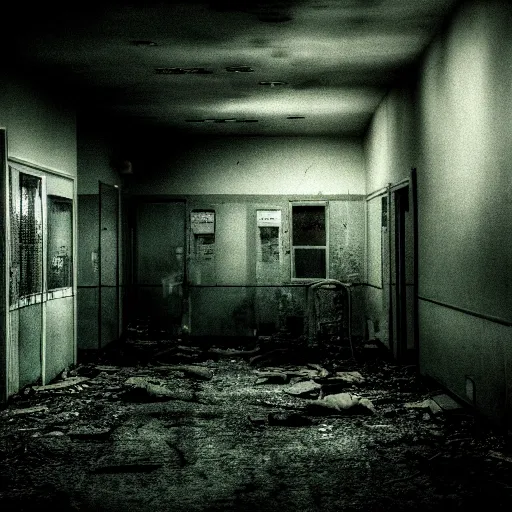 Image similar to An abandoned hospital at night, horror elements, dark ambiance, film grain, 4k.