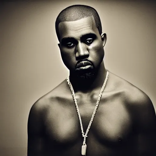 Image similar to a chiaroscuro lighting portrait of kanye west dressed as rick owens, black background, portrait by julia margaret cameron, shallow depth of field, 8 0 mm, f 1. 8