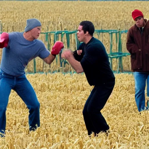 Image similar to rocky balboa punching joe biden in the middle of a corn maze