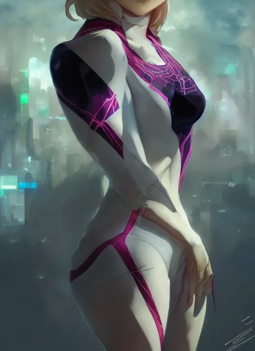 Image similar to ultra realistic illustration, spidergwen anime, intricate, elegant, highly detailed, digital painting, artstation, concept art, smooth, sharp focus, illustration, art by artgerm and greg rutkowski and alphonse mucha and wlop