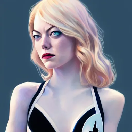 Image similar to beautiful Emma Stone as Spider-Gwen, western, closeup, D&D, fantasy, intricate, elegant, highly detailed, digital painting, artstation, concept art, matte, sharp focus, illustration, art by Artgerm and Greg Rutkowski and Alphonse Mucha