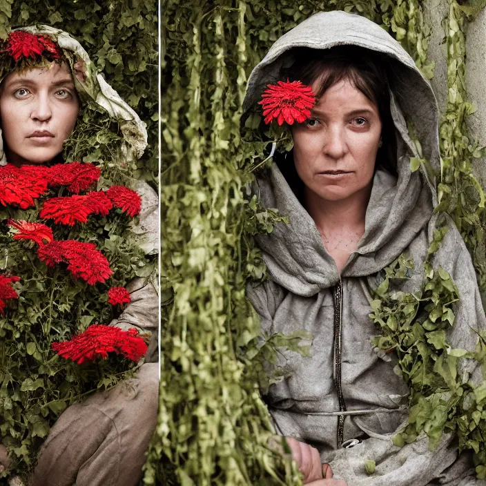 Image similar to a woman wearing a hooded cloak made of zinnias and barbed wire, in a derelict house, by Martin Schoeller, natural light, detailed face, CANON Eos C300, ƒ1.8, 35mm, 8K, medium-format print
