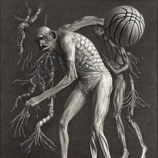 Image similar to corn man playing basketball, by zdzislaw beksinski and ernst haeckel