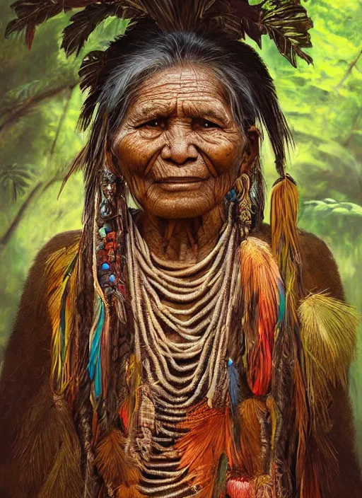 Image similar to a beautiful painting portrait of a very old indigenous grand-mother in the amazon jungle, matte painting, fantasy art, ayahuasca, highly detailed