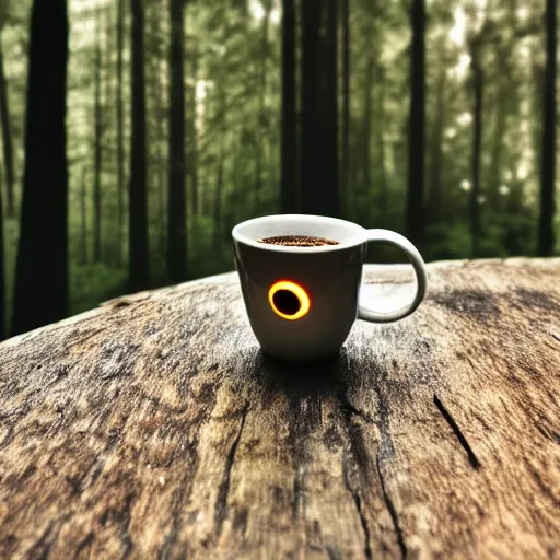 Prompt: a single metal paperclip with googly eyes, next to a steamy cup of coffee, in the woods, photography, depth of field, very symmetric, rule of thirds, 4 k resolution