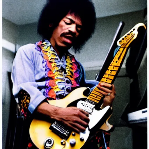 Image similar to jimi hendrix playing a guitar made of a big snake, color photo, cinematic