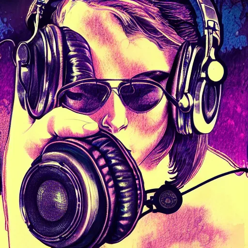 Prompt: detailed artwork of a hardcore music dj at an stage festival rave, in the style of art of Artgerm and Greg Rutkowski and Alphonse Mucha, headphones, sunglasses, stage speakers