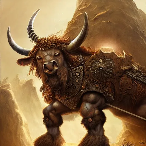 Image similar to digital painting of an minotaur as a viking king by filipe pagliuso and justin gerard, symmetric, fantasy, highly, detailed, realistic, intricate