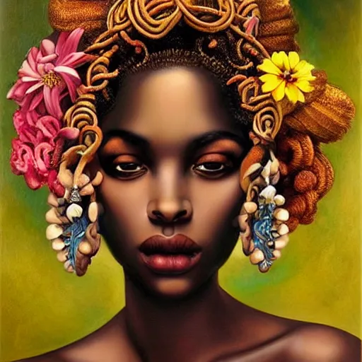 Prompt: dynamic composition, a painting of an african woman with hair of ( summer flowers )!! and vines wearing ornate earrings, ornate gilded details, a surrealist painting by tom bagshaw and jacek yerga and tamara de lempicka and jesse king, featured on cgsociety, pop surrealism, surrealist, dramatic lighting, voodoo!!, pre - raphaelite