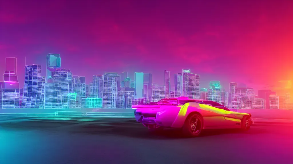 Image similar to neon synthwave hemi v 8 engine, at sunset, 8 k. filling most of the view