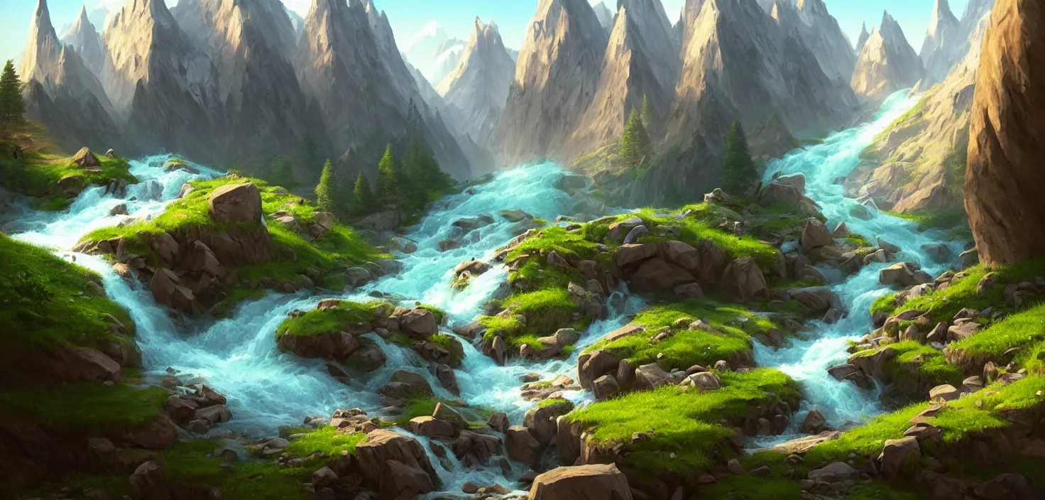 Image similar to lake in mountains streams and rivers flow down slopes of mountains and rocks into the valley spring in mountains, trumpet, by dom qwek, fish eye view, trending on polycount, artstation, 3 d hammer modeling, hd, vray, 8 k, sharp high quality artwork in style of greg rutkowski, concept art, blizzard warcraft artwork, hearthstone card artwork