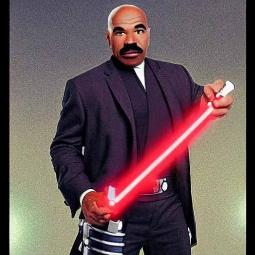 Image similar to steve harvey holding lightsaber, detailed, clean, realistic