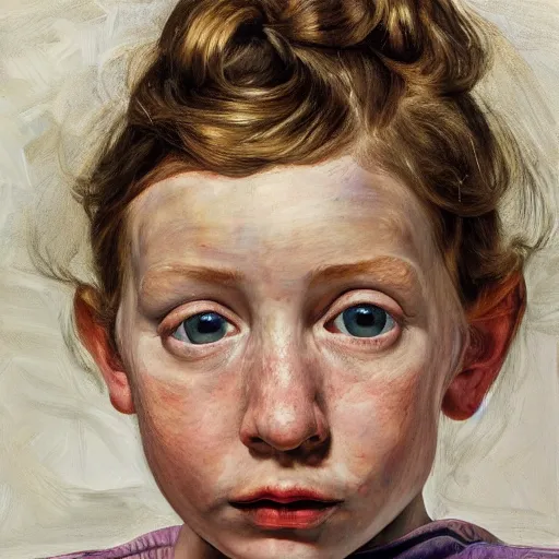 Prompt: high quality high detail painting by lucian freud, hd, excited girl portrait, low angle, photorealistic lighting