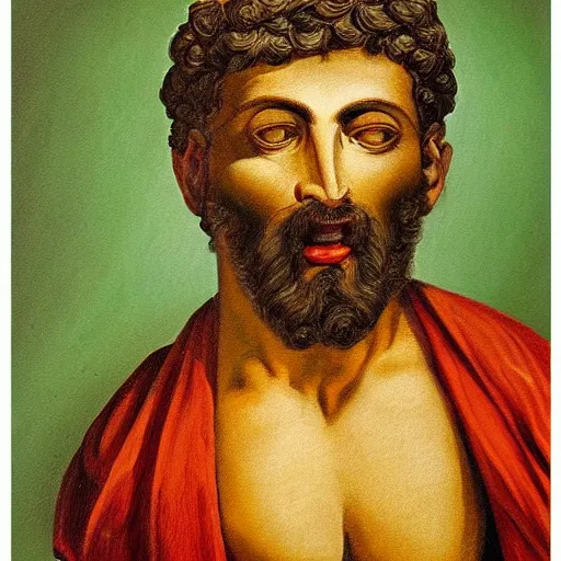 Image similar to portrait of mindless ancient greek man with big eyes and sharp nose and open mouth. fine detail. artistic painting by lurid