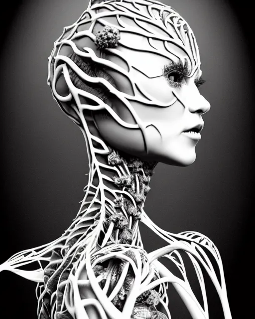 Image similar to a contrasted black and white 3D render of a beautiful female vegetal-dragon-cyborg, 150 mm, orchid stems, ivy, Mandelbrot fractal, anatomical, flesh, facial muscles, microchip, veins, arteries, full frame, microscopic, elegant, highly detailed, flesh ornate, elegant, high fashion, rim light, octane render, 8K in the style of Man Ray