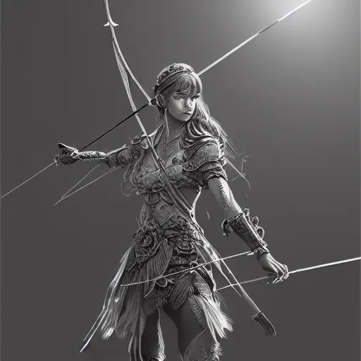 Image similar to beautiful extremely detailed intricate concept art depicting an archer by wlop. shining jewelry. grey atmosphere. particles in the background. artstation.