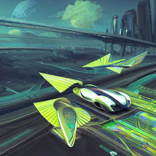 Image similar to solarpunk hovercar, clean energy, green technology, highway, sunny day, atmosphere, futurism, intricate, engines, glow, highly detailed, drone wings, peaceful, utopia, bright, digital painting, artstation, concept art, smooth, sharp focus, epic landscape, art by akihiko yoshida and tim mcburnie and anato finnstark